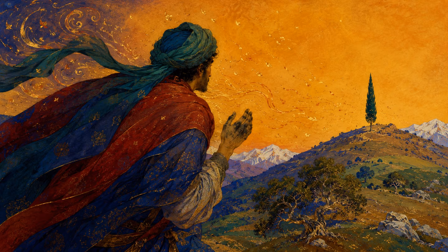 His lean figure from close behind and slightly to the side — madder-and-indigo cloak pulled tight by mountain wind, pine-viridian turban-cloth streaming — leaning forward into the Zagros evening breeze on an open oak-…