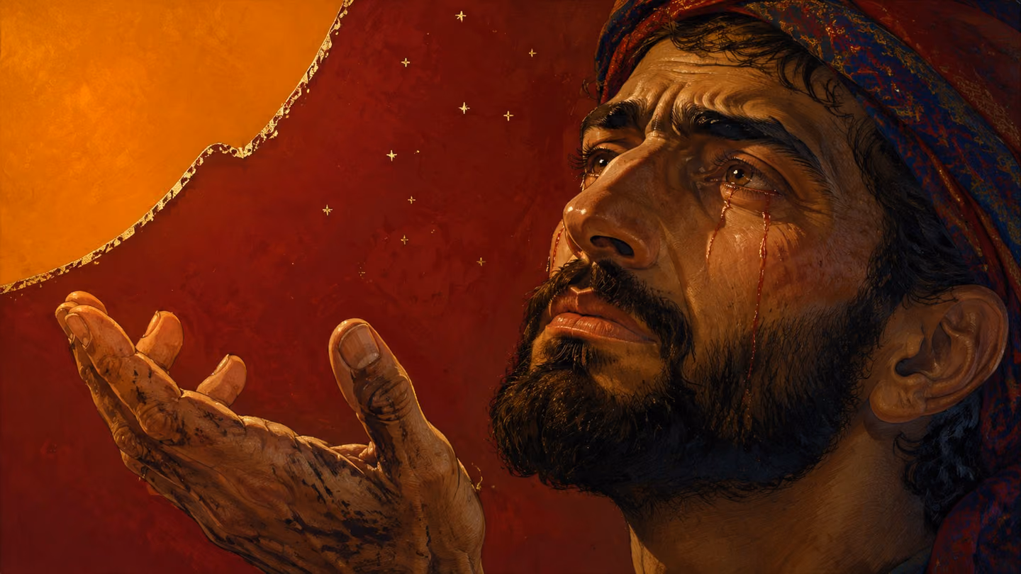 Extreme close: his face in the last horizontal ember light, tears tracing bright madder lines down his weathered Zagros cheekbones — but the grief is not collapse; his ink-stained right hand is raised before him, palm…