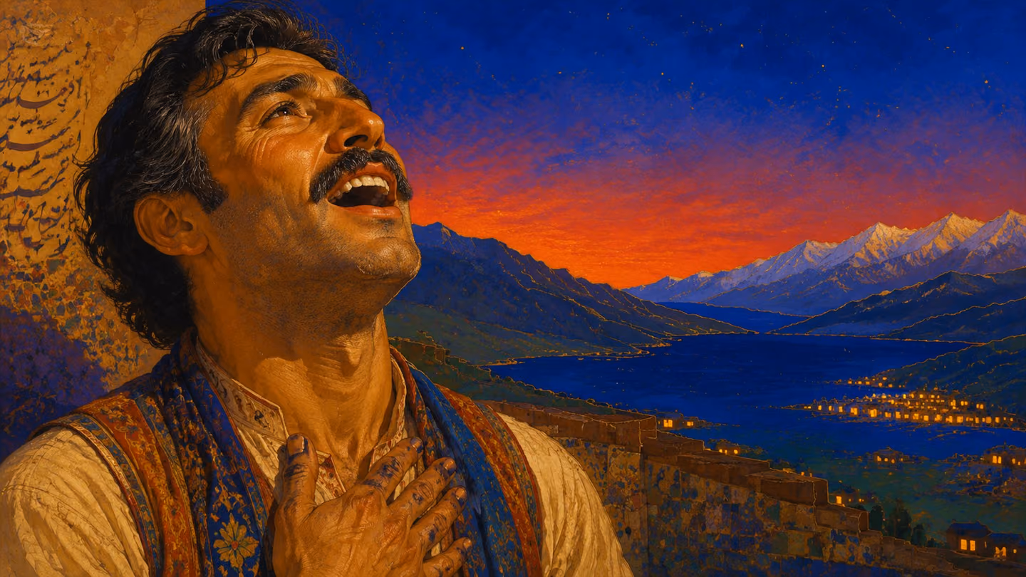 His face lifted to the open mountain sky, mouth open in song — the vow of joy — warm ochre and cobalt evening light on his weathered features, eyes bright with jubilant faith; close on his face and the column of his t…