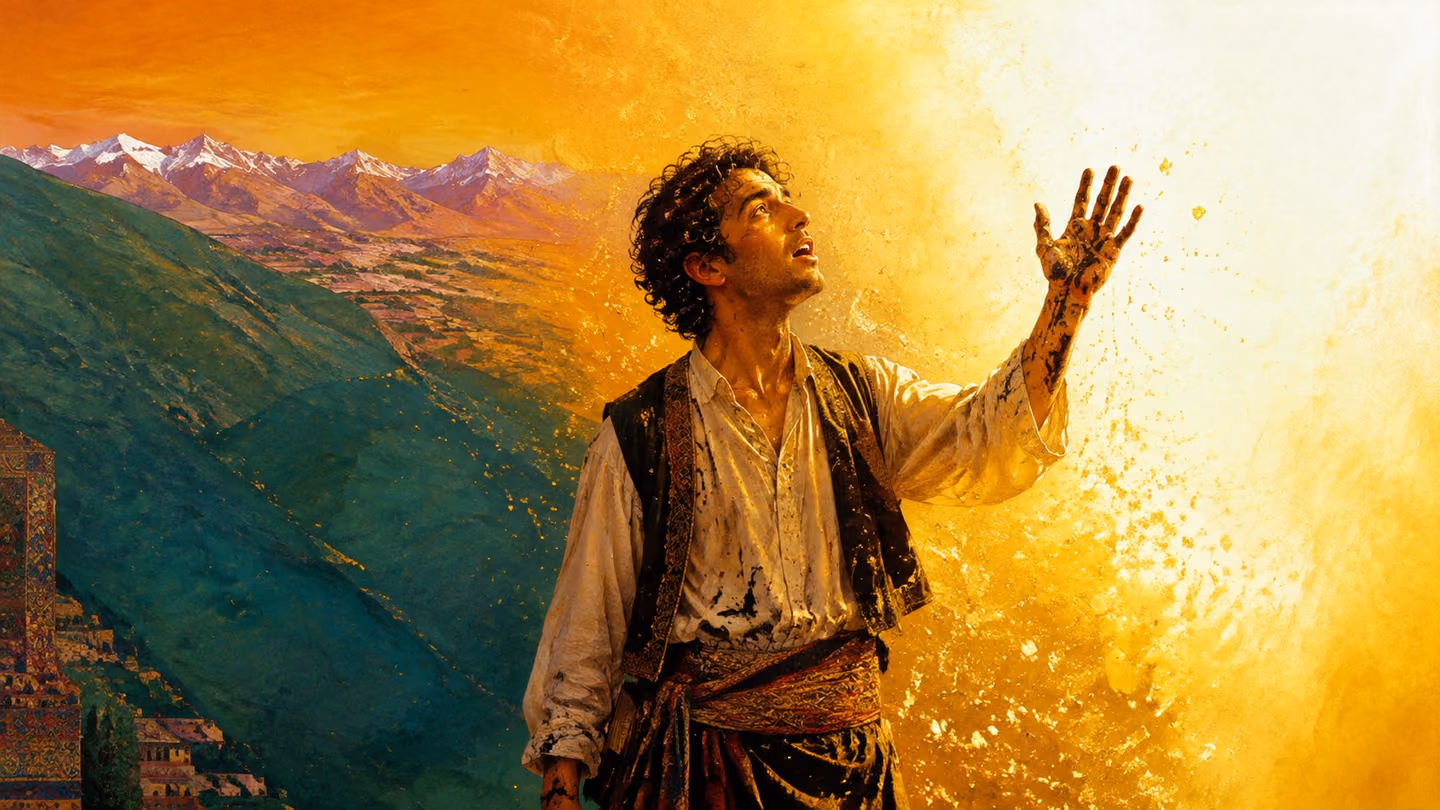 He crests a Zagros ridge — small figure against an enormous blazing horizontal shaft of last sun, painted as a wide column of white-gold and saffron light that fills the right half of the frame; close enough that his…