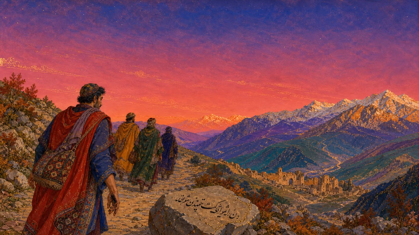 Wide — the one punctuation frame — the crumbling caravanserai seen from high on the mountain path, tiny and below: its broken mud-brick walls now small, warm ochre shapes in the deep valley, no longer a prison but a r…
