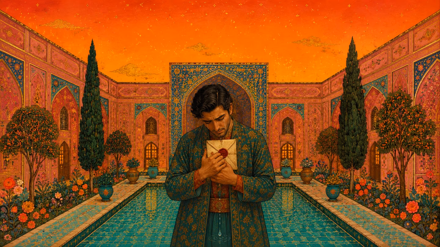 A man of about thirty-two stands centred in a symmetrical Isfahani courtyard at ember dusk, both hands closed hard over a wax-sealed letter held to his chest, head bowed, a single tear striking the turquoise floor tiles.
