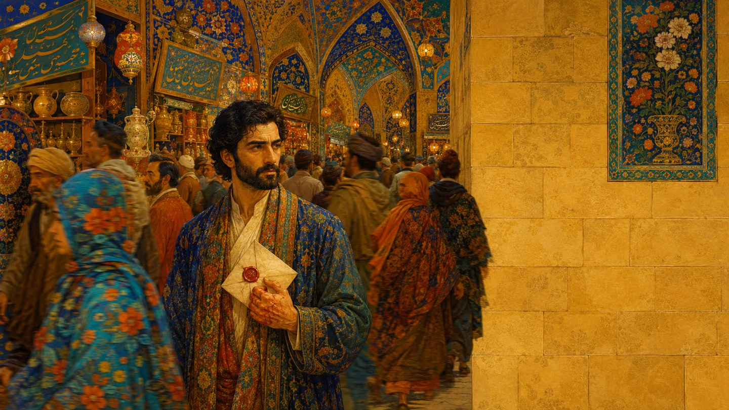 The same man stands motionless in a crowded Isfahani bazaar arcade while people stream past him in both directions, his fist clenched so hard on the sealed letter that the red wax has softened and stained his hand.