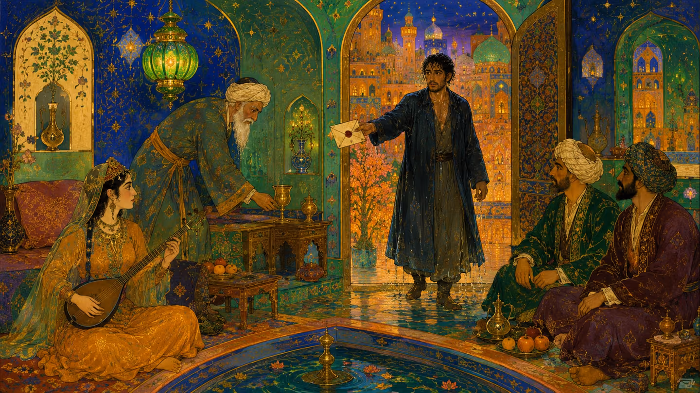 Green-glazed lamplight fills a vaulted travellers' room where an elderly cupbearer sets an antique brass goblet down, as the man enters with his face wet and holds the sealed letter out like a petition; a woman musici…