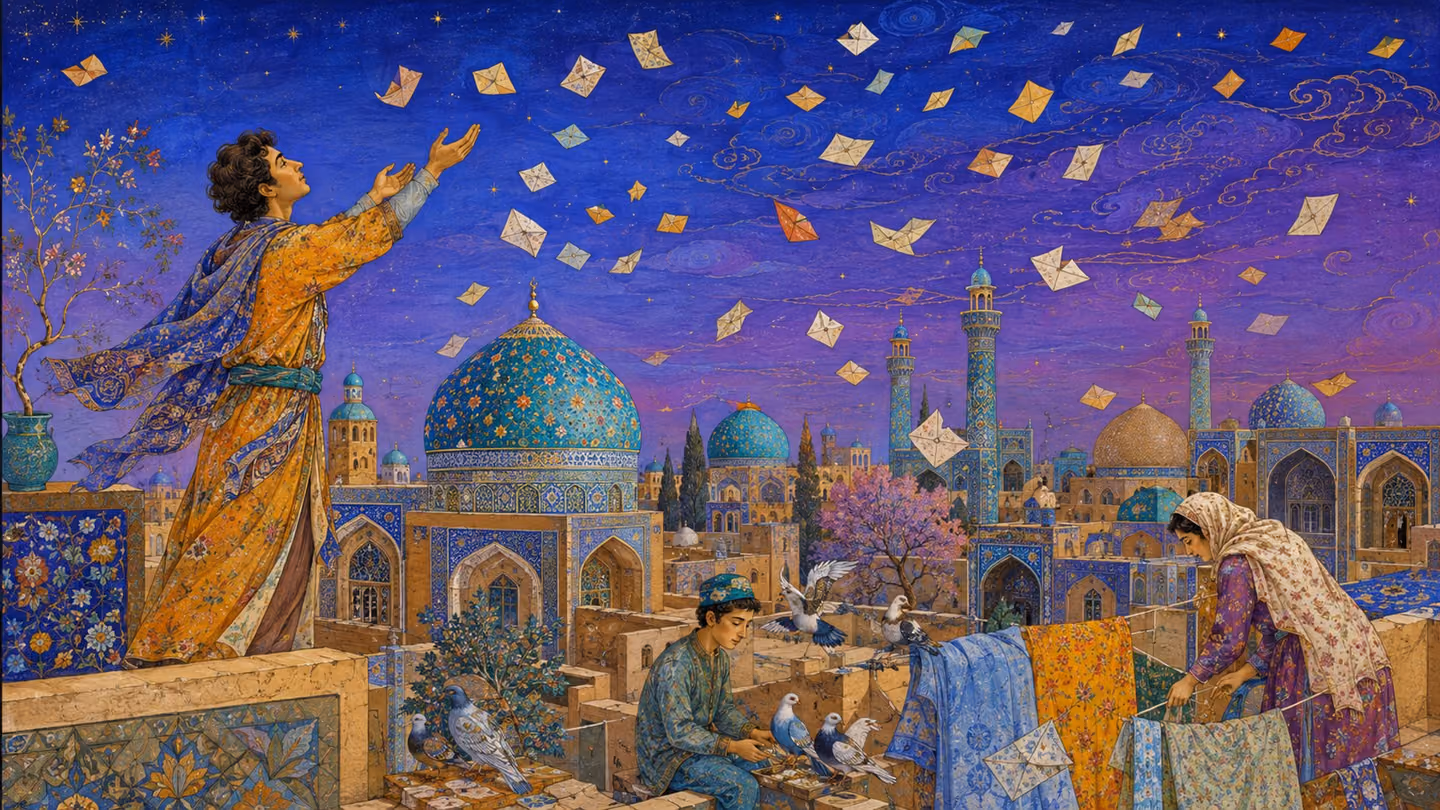 The man opens both hands on an Isfahani rooftop and releases a scatter of small folded Persian petitions into the wind, which takes them in every direction over turquoise domes, some rising, some falling.
