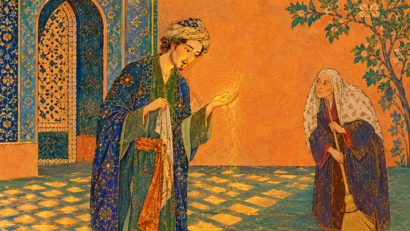 Light through a pierced stone screen lays saffron lozenges across a courtyard where the man watches swept grey dust run from his hand as fine gold-flecked radiance, astonishment on his gold-pale face.