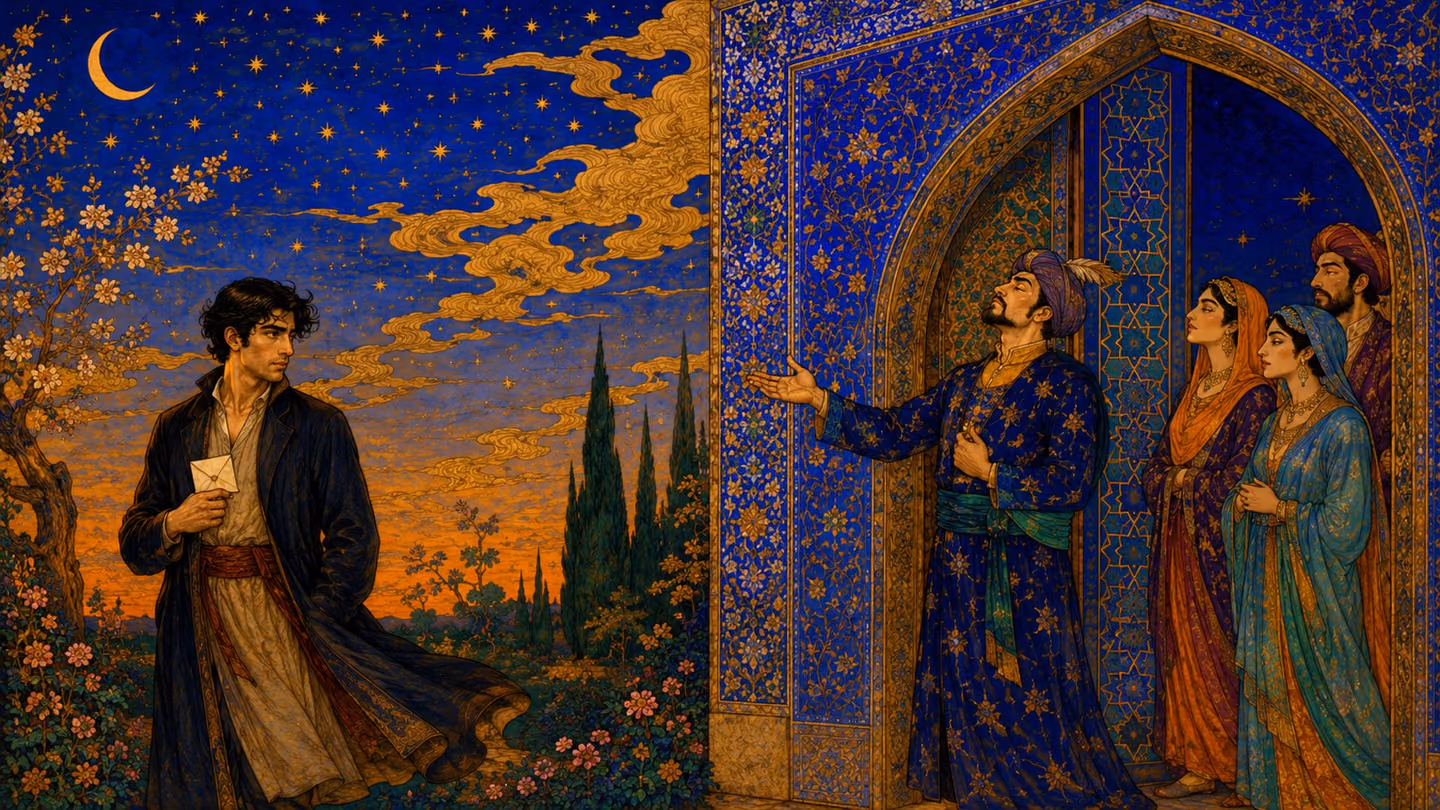 The man stands to one side of a great cobalt-tiled portal, plain and gold-pale with the sealed letter pressed under his coat, while a self-satisfied doorkeeper lifts his chin and admits elegant visitors who look him o…