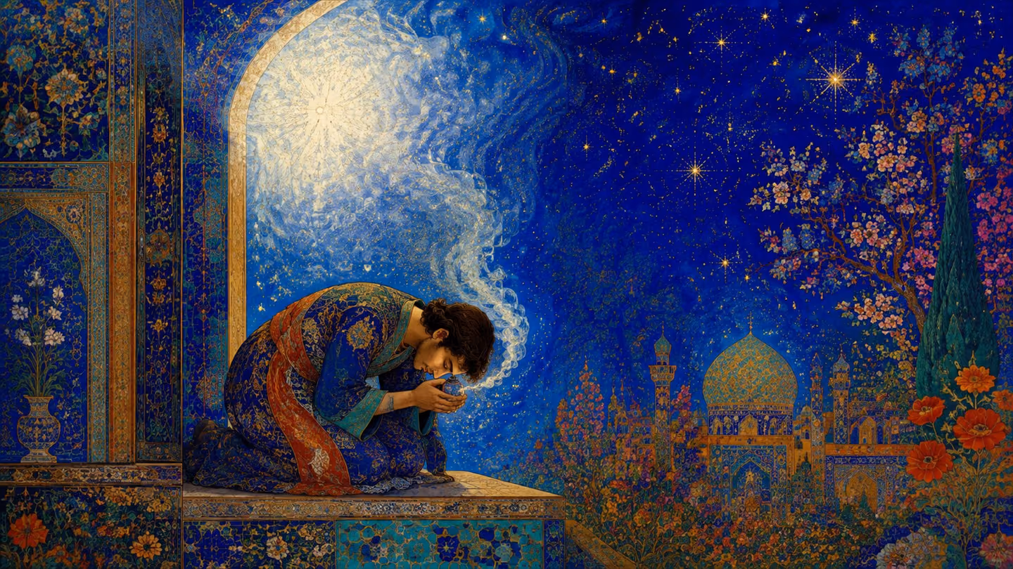The man kneels at the high tiled threshold of the same courtyard under early starlight, forehead almost to the stone, both hands still closed on the unbroken seal, while a single thread of luminous scent escapes betwe…