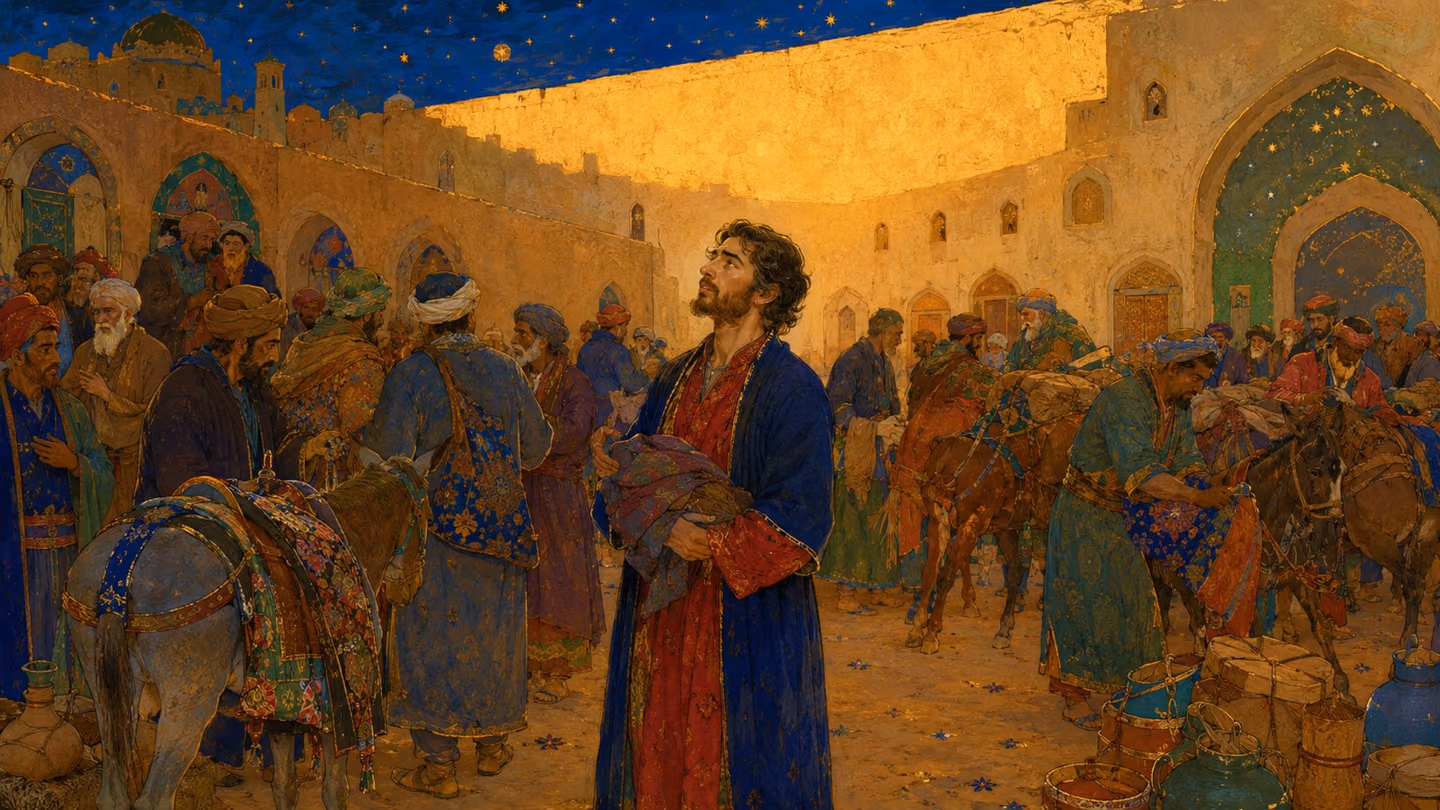 Early sun striking one plaster wall of a crowded caravanserai courtyard: Khorasani travellers of varied ages load mules and talk past one another, and among them the same man of thirty-five in his crimson robe and ind…