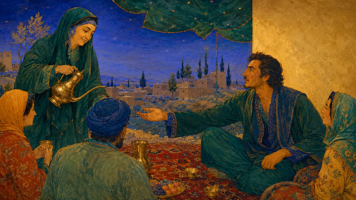Cool pine-green shade under an awning: an older woman in a green head-covering pours from a long-spouted brass vessel for seated guests, while the same Khorasani man of thirty-five reaches an open empty hand across a…