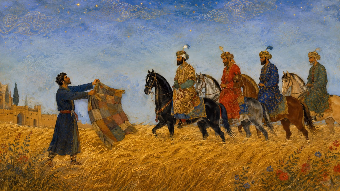 Wind moving through gold wheat under a tall pale Khorasan sky: the same man of thirty-five in his indigo coat holds the folded patched cloak open at arm's length toward four grave, richly dressed riders, its patches p…