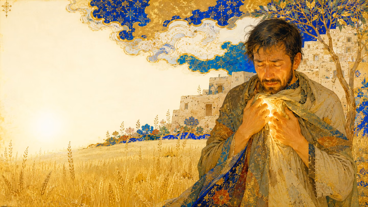 Immense white midday sky over bleached grain: alone, the same Khorasani man of thirty-five presses the patched cloak hard to his chest with both hands, eyes shut, and white-gold light comes out THROUGH the cloth from…