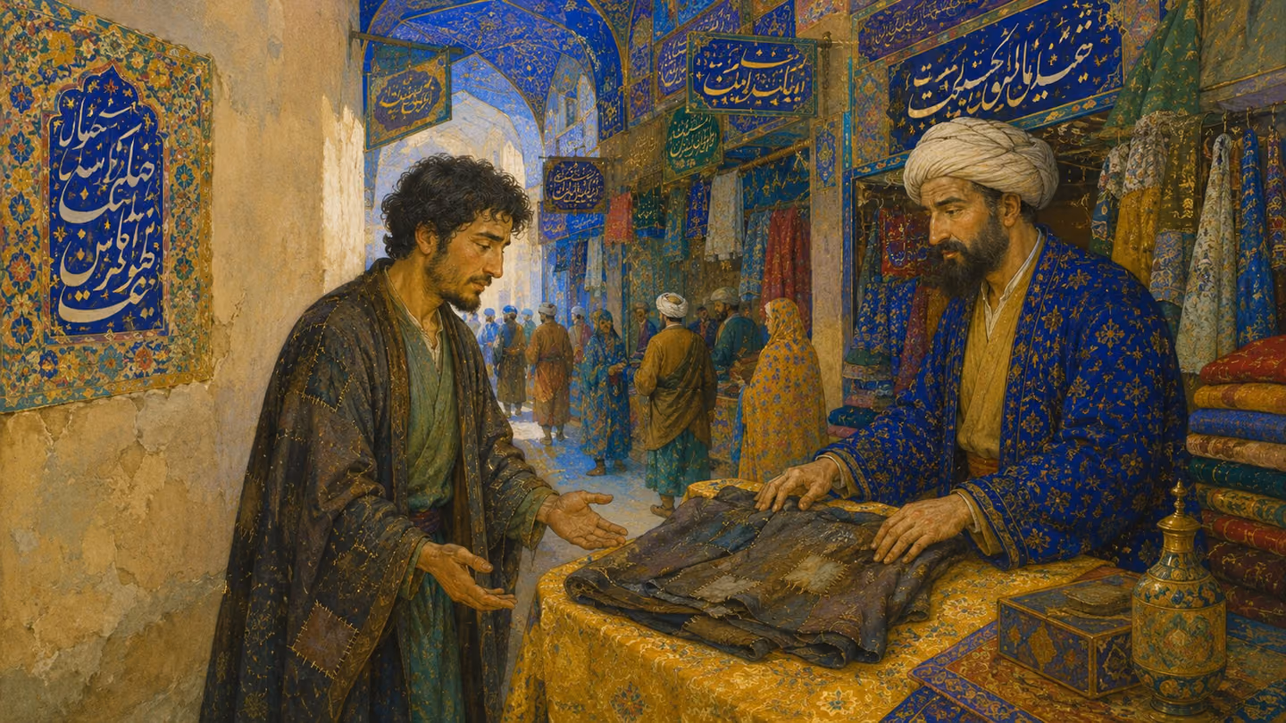 Pale shafts of light through a vaulted bazaar arcade hung with Persian calligraphy signs and bolts of cloth: the same man of thirty-five lays his folded patched cloak on a merchant's counter and opens both palms empty…