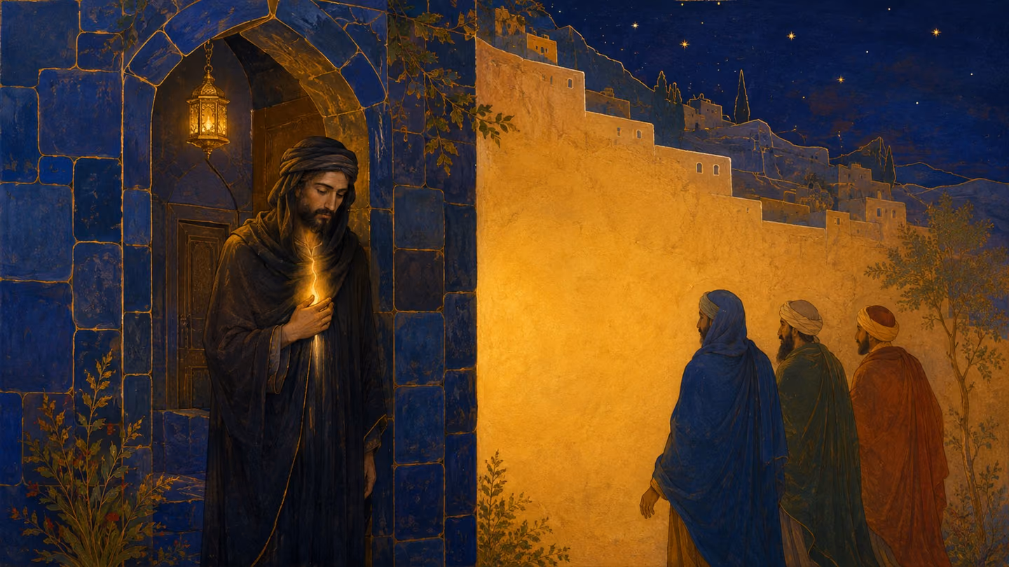 A hanging brass lamp in an old stone doorway at night: the same Khorasani man of thirty-five wrapped in a borrowed dark stranger's robe of another faith, unrecognised by three passers-by who read him wrongly, a single…