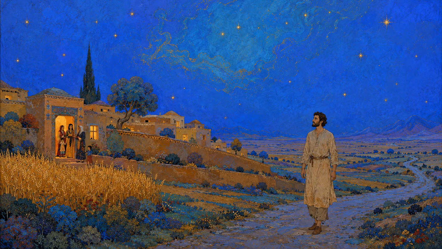 Blue dusk at the edge of the Khorasan plain: the lamplit windows of a family compound, a door just closing, kin going indoors — and apart on the road the same man of thirty-five, no cloak, both hands hanging empty, sp…