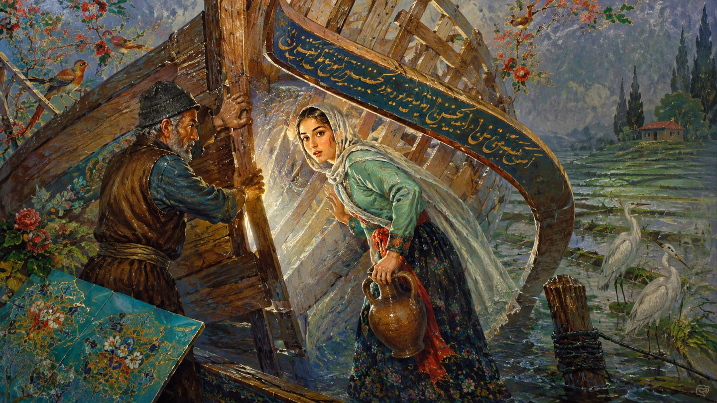 Silver daylight pours through a gap in the ribs of a half-built wooden hull standing in flooded rice terraces; an old Gilani boat-builder in a soaked brown felt vest holds the wet planks apart, and the young woman lea…