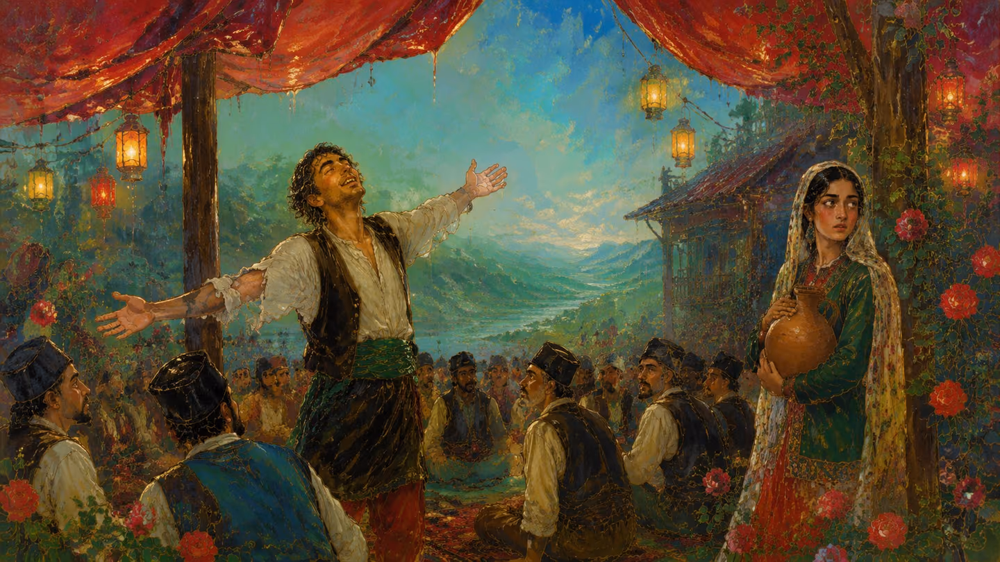 Under a rain-canopy of wet crimson cloth at a village wedding, lanterns swinging on cords, a man with a torn sleeve stands alone with both arms wide and his face in pure unguarded joy while the seated guests turn from…