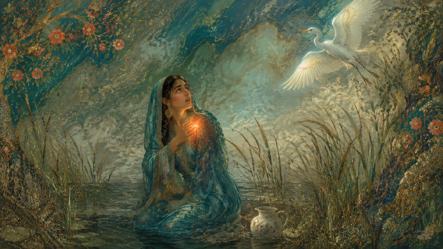 The young woman on her knees in pale rain-washed reeds, one hand clamped to her shoulder where a bright wound shines like a small lamp under the skin; a great white marsh bird climbs away above her with light filling…