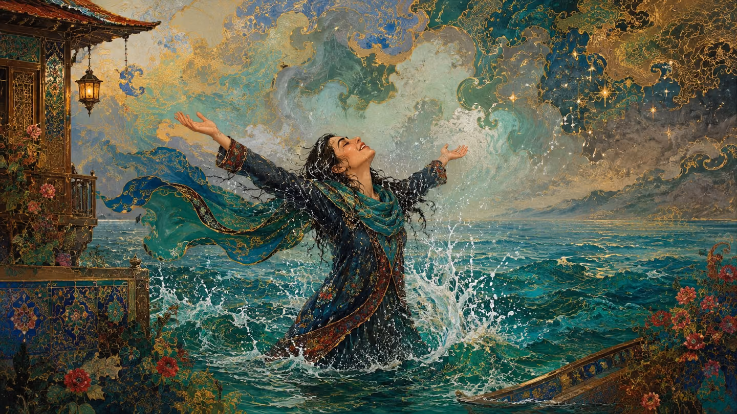 Storm-silver surf on a turquoise Caspian shore, the young woman standing knee-deep in it with her head tipped back and both arms flung open, white spray bursting across her, asking the sea for more of it rather than l…