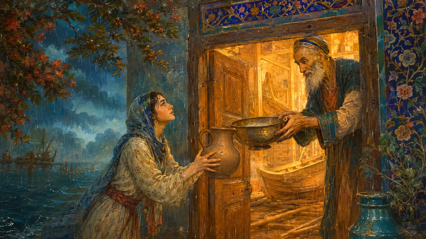 Warm white radiance floods from a timber doorway swung wide into blue evening rain; the old boat-builder stands inside it holding out a hammered brass bowl of water, and the young woman on the threshold lifts her unfi…