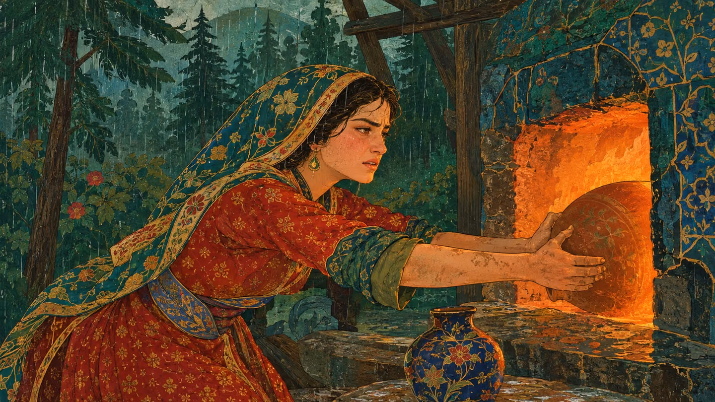 Ember-orange kiln light on the young woman's face and hands as she pushes her own soft clay jug into the fire's mouth herself, jaw set, eyes wet, refusing to be left raw.