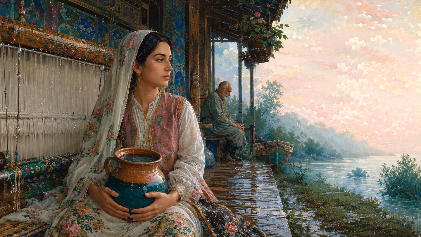 Clear pale first daylight across a Gilani silk loom strung with rain-beaded threads; the young woman sits beside it with the fired jug full of water in her lap, hands entirely still and mouth closed, all the asking fi…